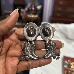 Vintage Large Cowboy Cowgirl Hat & Boots Dangling Earrings Sterling Silver